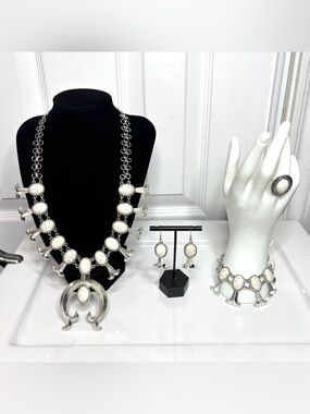 Vintage Navajo Squash Blossom Jewelry Costume Silver Tone White Stones Handmade